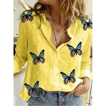 Bavlněné Povlečení Ženy Dlouhý Rukáv Tlačítko Up Klopě Košile Retro Plus Velikosti Volné Butterfly Tisk Topy Bílá Žlutá Modrá Košile