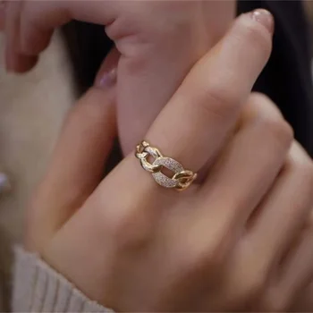 Diamond Řetězce Prsten 18K Solid Žluté Zlato Šperky(AU750)Ženy Ins Blogger Populární Móda Osobnost Malé Poklady Prsty