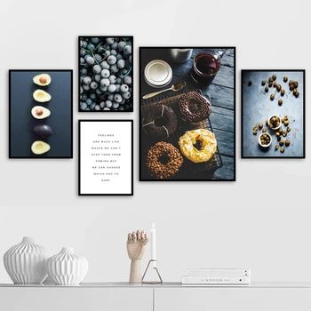 Donut Borůvka Káva Plátno Obraz Odpolední Čaj Plakát Modré Pozadí Nordic Styl Kuchyně Dekor Tapety Obrázek Vytisknout