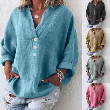 Jaro/léto 2022 Evropské a Americké V-límec imitace bavlněné a lněné tričko dlouhý rukáv svetr pro ženy