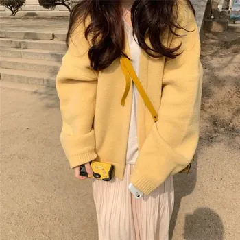 Korejský Styl Podzim Svetr Ženy Žlutá Solid Knit Svetr Jednoduché Populární Elegantní Ležérní Ulzzang Volné Student Svrchní Femme
