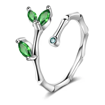 Nové Kreativní Módní Bambusové Tvar List Postříbřené Šperky Osobnosti Zelený Krystal Populární Otevření Kroužky XZR057