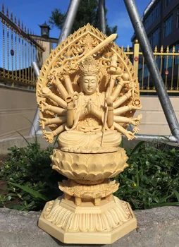Zhunti Bódhisattvy Buddha Socha Matka Dřevo Řezbářských Sedící Lotus Obrazovce Osmnáct Zbraní Tisíc Rukou Avalokitesvara Hinoki
